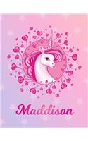 Maddison: Unicorn Large Blank Primary Handwriting Learn to Write Practice Paper for Girls - Pink Purple Magical Horse Personalized Letter M Initial Custom Fir
