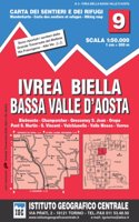 Card No. 9 Ivrea, Biella and Basso Val d'Aosta 1:50.000. Map of trails and shelters