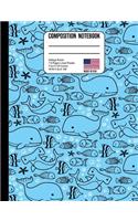 Composition Notebook College Ruled: Whales & Hammerhead Shark Blue Back to School Composition Book for Teachers, Students, Kids and Teens