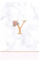 Y: Rose Gold Letter Y Monogram Floral Journal, Pink Flowers on White Marble, Personal Name Initial Personalized Journal, 6x9 Inch Blank Lined College R