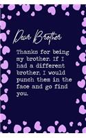 Dear Brother, Thanks for being my brother. If I had a different brother, I would punch them in the face and go find you.