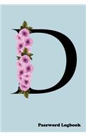D Password Logbook: Large Print Password Book, Cute blue cover with name letter monogram cherry blossom, 6" x 9" 6x9 password organizer, glossy cover, 110 pages, handy 