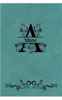 Split Letter Personalized Name Journal - Anne: Elegant Flourish Capital Letter on Light Teal Leather Look Background