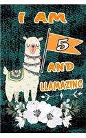 I Am 5 and Llamazing: Cute Green Vintage Llama Lined Journal: Funny Happy 5 Birthday Gift Notebook