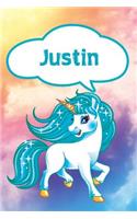 Justin: Personalized Unicorn Blood Sugar Diet Diary Journal Log Notebook Featuring 120 Pages 6x9