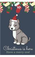Christmas Is Here Have A Merry One: Festive Kawaii Chibi Grey and White Boxer Dog Dressed Up Like Santa with a Red White Hat. Holiday Stockings and Ornaments Notebook Cover. Great Jour