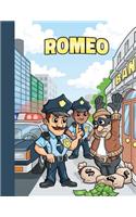 Romeo: First Name Personalized Sketchbook with Large Blank Pages Pad for Drawing, Doodling and Sketching. Colorful Police Officers Cartoon Cover for Kids, 