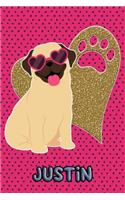 Pug Life Justin: College Ruled Composition Book Diary Lined Journal Green