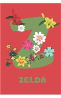 Zelda: Personalized with Name Notebook Journal Lined for Women & Girls. Initial notebook with flowers for women. Best practical a gift for a girl.