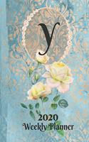 Plan On It Large Print 2020 Weekly Calendar Planner 15 Months Notebook Includes Address Phone Number Pages - Monogram Letter Y: January 2020 through March 2021: Blue and Peach Damask Lace with Yellow Roses on Glossy Cover