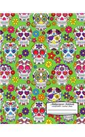 Multipurpose Notebook Composition Journal Diary: Colorful Sugar Skulls with Flowers on Lime Green Background - 8.5 X 11 - Composition Book for School or Activities, Softcover, College Ruled, 150 Pa