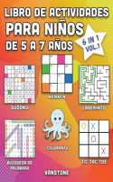 Libro de actividades para niños de 5 a 7 años: 6 en 1 - Sopa de letras, Sudoku, colorear, laberintos, KenKen y tres en línea (Vol.1)