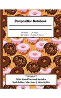 Composition Notebook: Donut Themed Wide Ruled with BONUS Math Charts & List of Adverbs & Adjectives for Homeschool, Elementary, High School, & College