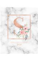 Weekly & Monthly Planner 2020 S: Rose Gold Marble Monogram Letter S with Pink Flowers (7.5 x 9.25 in) Horizontal at a glance Personalized Planner for Women Moms Girls and School