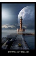 2019 Weekly Planner - Lighthouse Sentinel: Fantasy Art of a Lighthouse Standing Guard Over a Harbor