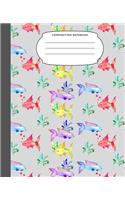 Composition Notebook: 7.5X9.25 109 Pages Nifty Watercolor Fishes Half Blank Half Wide Ruled Primary School Exercise Book With Picture Space For Girls Boys Teens Adults. D