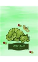 2020-2024 5 Year Monthly Planner: Cat Green Cover - Agenda With Dot Grid Pages - 12 Months Calendar Monthly Planner With Vision Board