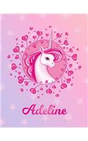 Adeline: Unicorn Large Blank Primary Sketchbook Paper - Pink Purple Magical Horse Personalized Letter A Initial Custom First Name Cover - Drawing Sketch Book