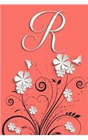 R: Letter R Dotted Matrix Notebook and Planner, Flowers and Butterflies on Coral, Personalized Bullet Dot Grid Journal Monogram Initial, 6 x 9