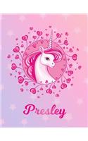 Presley: Unicorn Large Blank Primary Handwriting Learn to Write Practice Paper for Girls - Pink Purple Magical Horse Personalized Letter P Initial Custom Fir