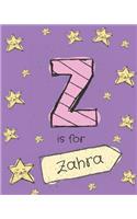 Z is for Zahra: Zahra personalized girls journal notebook. Attractive large 8x10 lined cute girly notebook design with cartoon night stars theme. The cutest noteboo