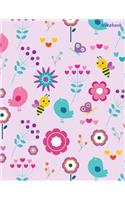 Notebook: Bees, flowers and birds printed on the cover of a large wide-ruled school notebook