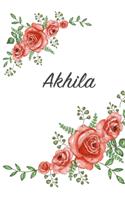 Akhila: Personalized Notebook with Flowers and First Name - Floral Cover (Red Rose Blooms). College Ruled (Narrow Lined) Journal for School Notes, Diary Wri