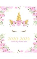 Monthly Planner 2020-2024: Pink Unicorn, 60 Months Appointment Calendar, Agenda Schedule Organizer Logbook, Business Planners and Journal With Holidays and inspirational Quote