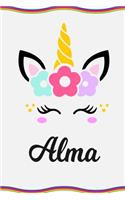 Alma: Personal Notebook Personal Diary Unicorn Notebook Personalized Journal Customized Journal Unicorn Lover Personal Name Notebook