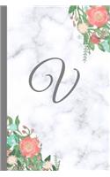 V: Letter V Monogram Floral Marble Journal, Pretty Pink Flowers on Elegant White & Grey Marble Notebook Cover, Stylish Gray Personal Name Initial, 6x9 