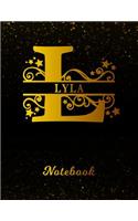 Lyla Notebook: Letter L Personalized First Name Personal Writing Notepad Journal Black Gold Glittery Pattern Effect Cover Wide Ruled Lined Paper for Journalists & 