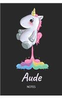 Aude - Notes: Noms Personnalisé Carnet de notes / Journal pour les filles et les femmes. Kawaii Licorne pétant arc-en-ciel. Accessoires de licorne amusants et fou