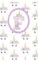 Unicorn Monogram Journal - Letter F: Purple Letter with a Unicorn Horn and Flowers Accent on a Unicorn Face Background