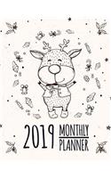 2019 Monthly Planner: 2019-2020 Yearly Planner and 12 Months Calendar Planner with Journal Page Happy Deer Sketch Design