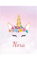Nora: Personalized Unicorn Sketchbook For Girls With Pink Name - Girls Customized Personal journal/ blank book - 8.5x11 110 Pages Doodle Sketch Create- cu