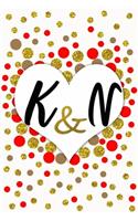 K and N Personalized Monogrammed notebook journal gift with Two Initials for Couples and lovers on valentine's day, wedding anniversary and special occasions with beautiful golden glitter red and confetti cover