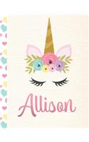 Allison: Personalized Unicorn Primary Story Journal For Girls With Pink Name - Half Ruled Dotted Midline and Blank Picture Space - Kindergarten to Early Chil