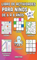 Libro de actividades para niños de 6 a 8 años: 6 en 1 - Sopa de letras, Sudoku, colorear, laberintos, KenKen y tres en línea (Vol.2)(2 Libro de Actividades Para Niños de 6 A 8 Años)