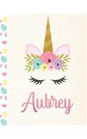 Aubrey: Personalized Unicorn Primary Handwriting Notebook For Girls With Pink Name - Dotted Midline Handwriting Practice Paper - Kindergarten to Early Child