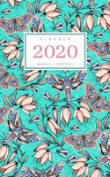 Planner 2020 Weekly Monthly: 5x8 Full Year Notebook Organizer Small - 12 Months - Jan to Dec 2020 - Night Butterfly Flower Design Turquoise