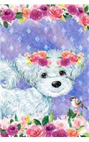 Bullet Journal Notebook for Dog Lovers White Fluffy Puppy in Flowers 1