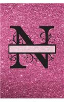 N - Journal & Notebook: Monogram Letter N Journal, Notebook with Unicorn Motif on Back and Pink - Glitter Effect Cover(14 Pink Glitter Cover 6" X 9" 150pg)