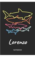 Lorenzo - Notebook: Blank Lined Personalized & Customized Name 80s Neon Retro Shark Notebook Journal for Men & Boys. Funny Sharks Desk Accessories Item for 1st Grade / 