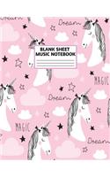 Blank Sheet Music Notebook: Cute Unicorn Matte Cover Design with 110 Pages White Paper Interior for Musician Students and Professionals Playing Piano, Ukelele, Mandolin and oth