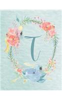 Notebook 8.5"x11" - Letter T - Light Blue and Pink Floral Design