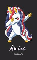 Amina - Notebook: Blank Lined Personalized & Customized Name Great Britain Union Jack Flag Hair Dabbing Unicorn Notebook / Journal for Girls & Women. Funny Unicorn Ac
