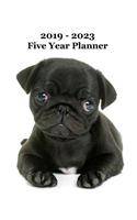 2019 - 2023 Five Year Planner: Adorable Pug Puppy Cover - Includes Major U.S. Holidays and Sporting Events