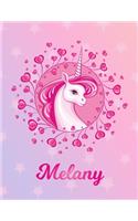 Melany: Unicorn Large Blank Primary Handwriting Learn to Write Practice Paper for Girls - Pink Purple Magical Horse Personalized Letter M Initial Custom Fir