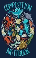 Composition Notebook: Ocean Life Collage Pattern #3 College Ruled Lined Paper Book Dark Blue