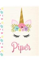 Piper: Personalized Unicorn Primary Story Journal For Girls With Pink Name - Half Ruled Dotted Midline and Blank Picture Space - Kindergarten to Early Chil